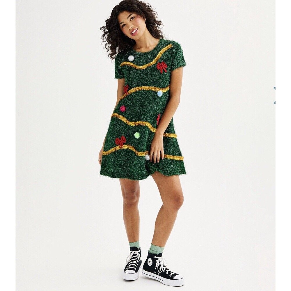 Celebrate Together Junior Dress Size S Green Sparkle Bows PomPom Knit Christmas - Picture 2 of 15